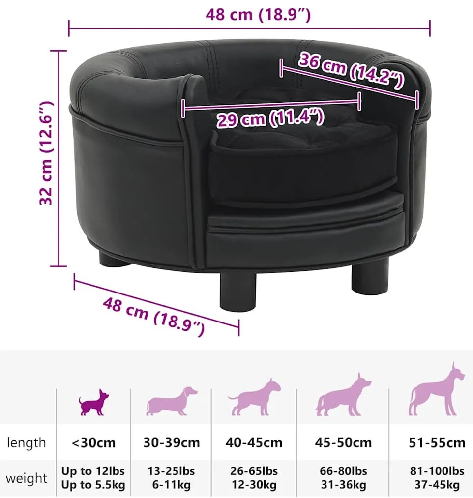 Sofá para cães 48x48x32 cm pelúcia e couro artificial preto
