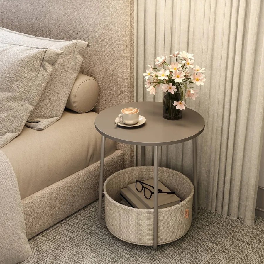 Mesa auxiliar redonda com cesto em tecido 45 x 50 cm cinza cimento + branco creme