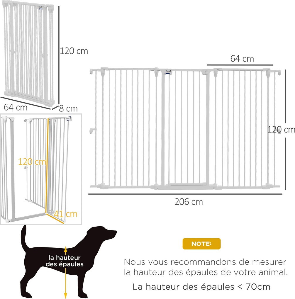 Barreira para cães em aço, com 3 painéis dobráveis, fecho duplo e porta integrada, para portas e escadas, branca
