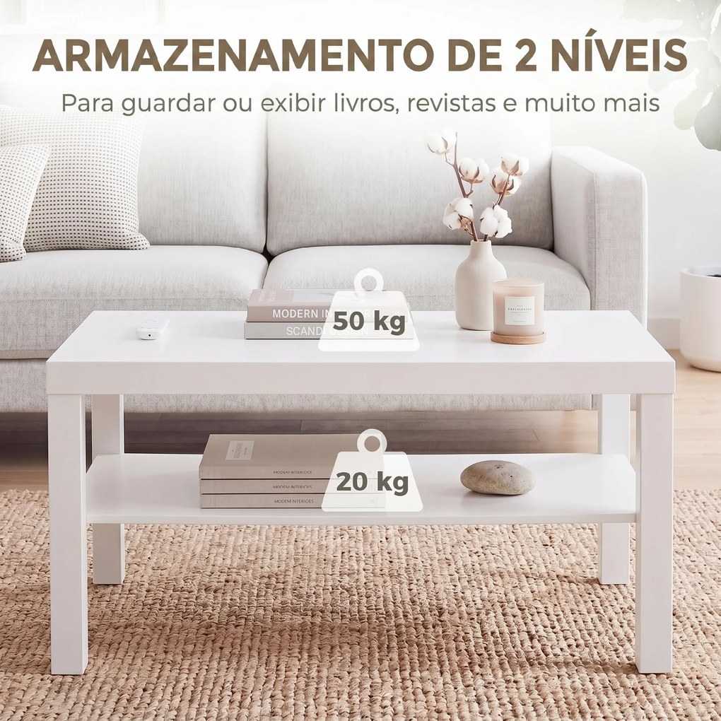 Mesa de Centro Mesa de Café para Sala com Prateleira Aberta Tampo Grosso para Sala Escritório 90x45x44,5 cm Branco