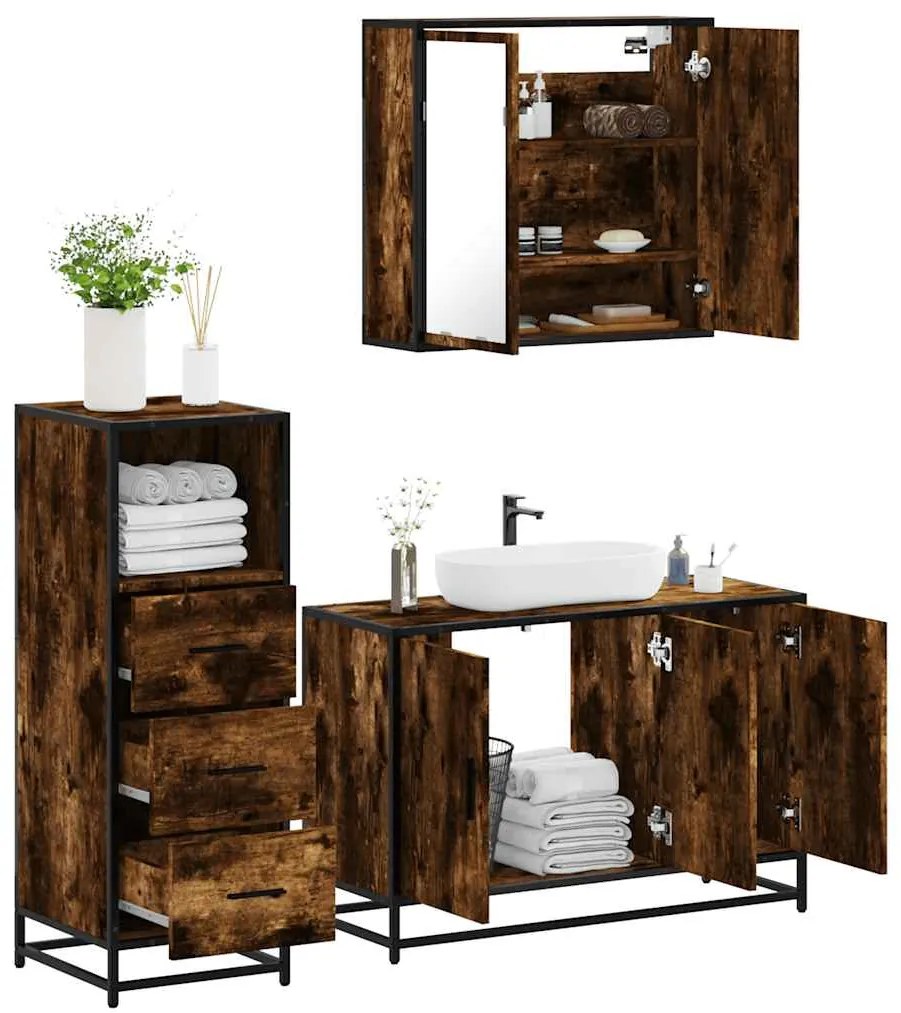 vidaXL 3 pcs conjunto de móveis WC madeira processada carvalho fumado