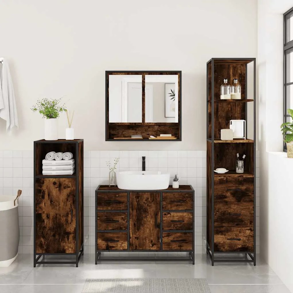 3 pcs conjunto de móveis WC madeira processada carvalho fumado