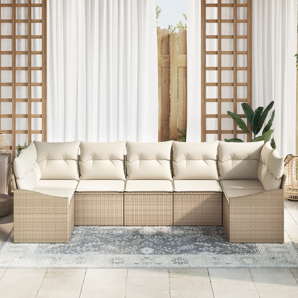 Conjunto de Jantar de Jardim de 7 Peças com Almofadas Bege em Rattan S
