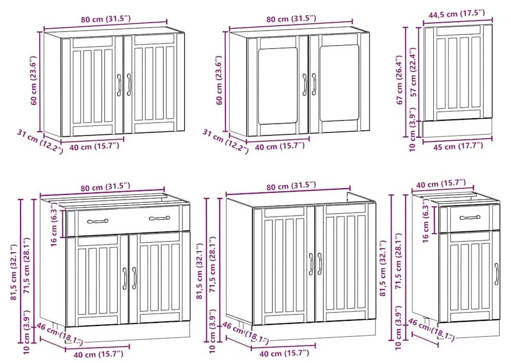 7 peças armário de cozinha conjunto Kalmar preto