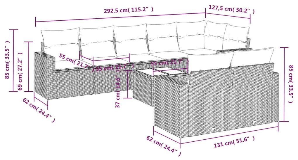 9 pcs conjunto de sofás p/ jardim com almofadões vime PE bege