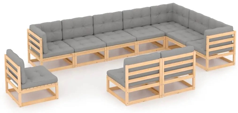 10 pcs conjunto lounge de jardim c/ almofadões pinho maciço