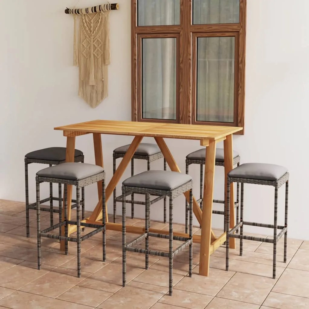 vidaXL 7 pcs conjunto de bar para jardim com almofadões cinzento