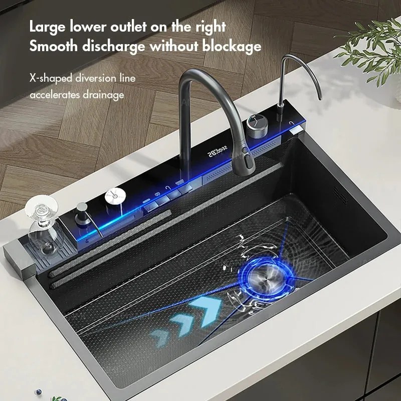 Lava-Loiça de Cozinha em Aço Inoxidável 304 com Cascata e Display Digi