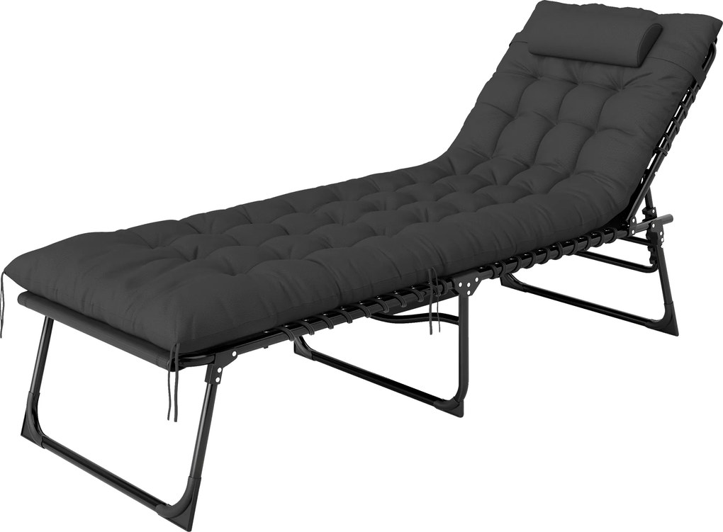 Espreguiçadeira dobrável com almofada para a cabeça, bolso lateral e encosto reclinável, 58 x 189 x 32,5 cm, preta