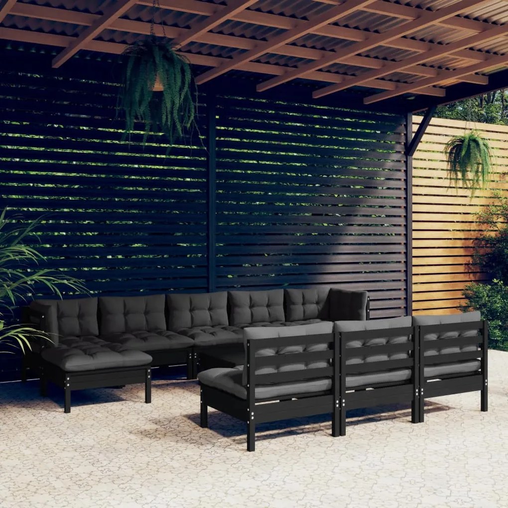vidaXL 11 pcs conjunto lounge de jardim c/ almofadões pinho preto