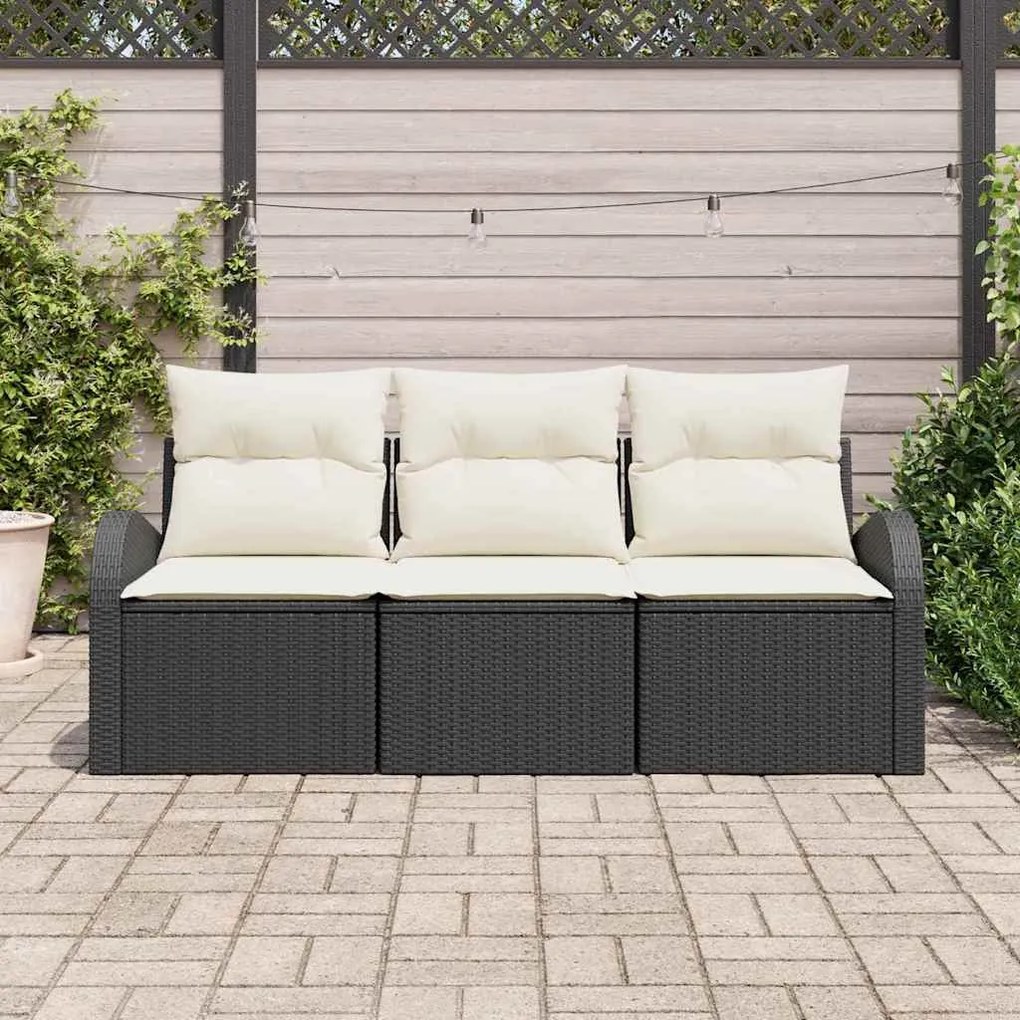Conjunto de Sofá de Jardim 3 Peças com Almofadas Preto Rattan Poliéste