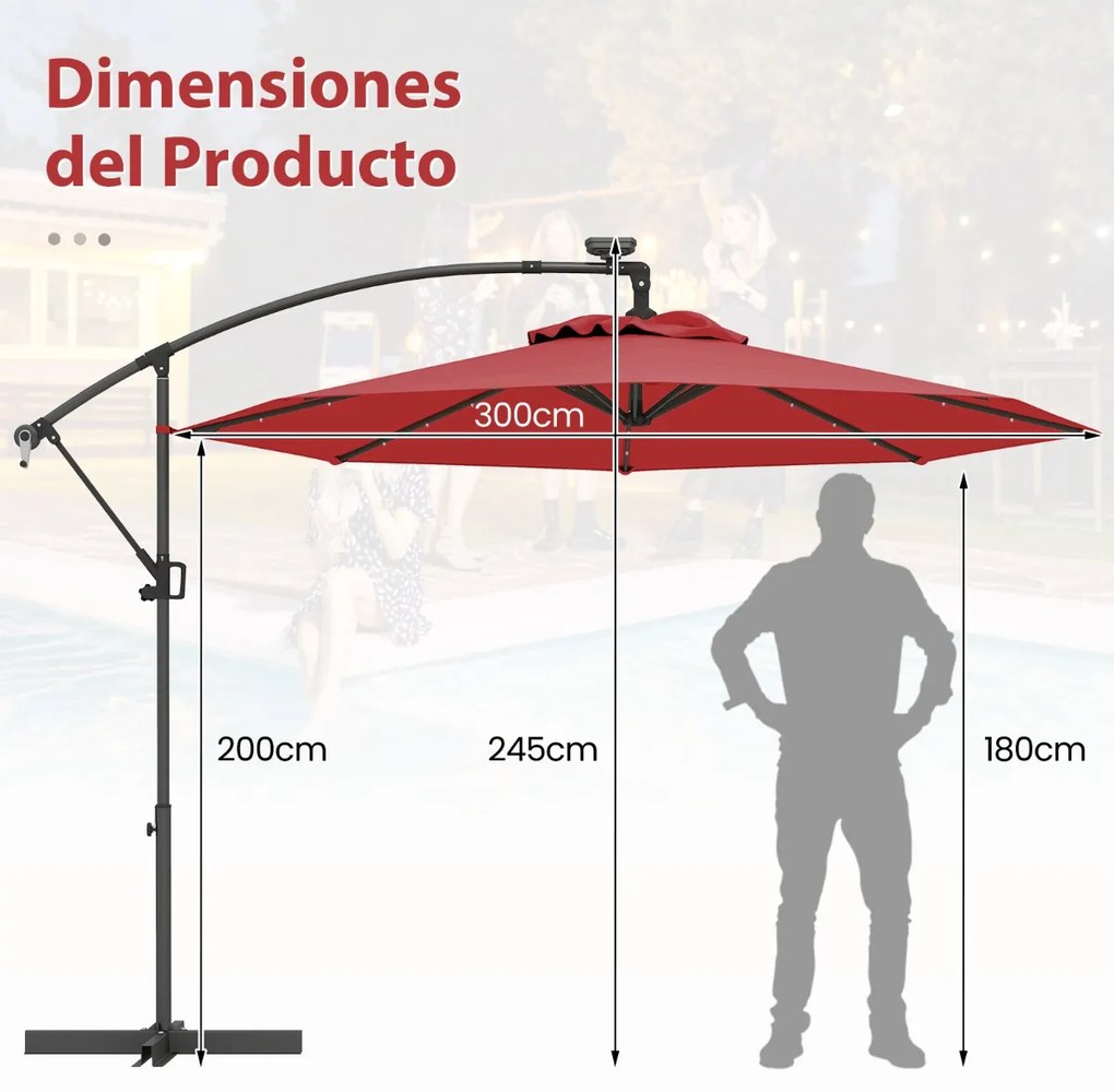 Guarda-sol exterior de 3 m com rotação de 360° e 32 com luzes LED Ajuste fácil da inclinação Manivela vermelha