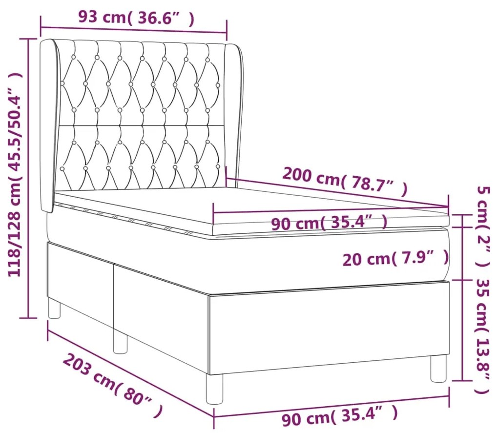 Cama com molas/colchão 90x200 cm veludo cinza-claro