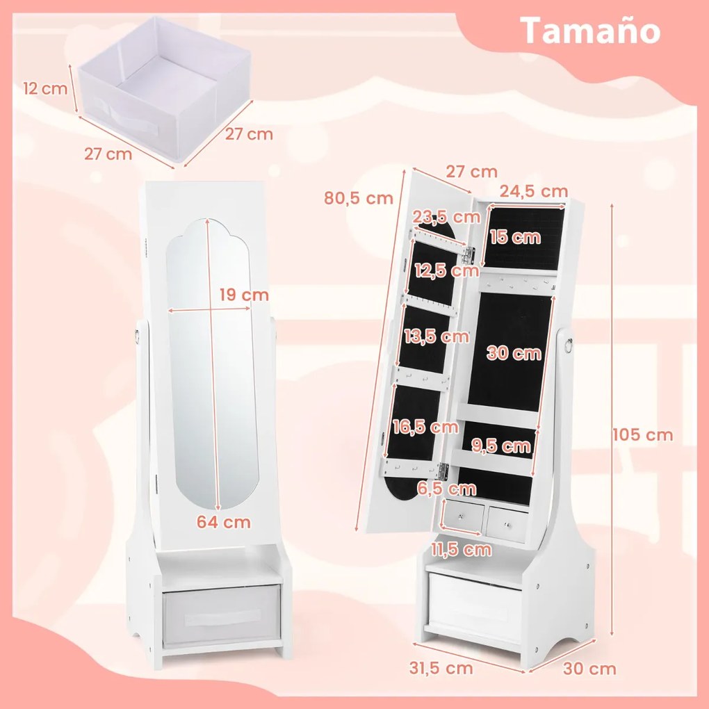 Armário espelho para joias para meninas 31,5 cm x 30 cm x 105 cm com arrumação e 2 ângulos de inclinação infantil com ganchos Prateleiras e gavetas Br