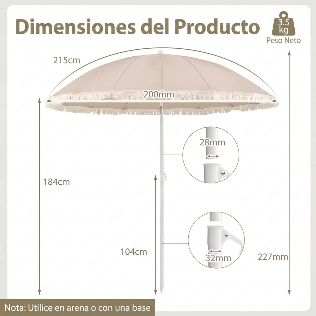 Guarda-sol de praia com franjas, 200 cm, 12 varas, ângulo de inclinação ajustável, proteção solar, estilo boémio, para jardim, pátio ou piscina, bege