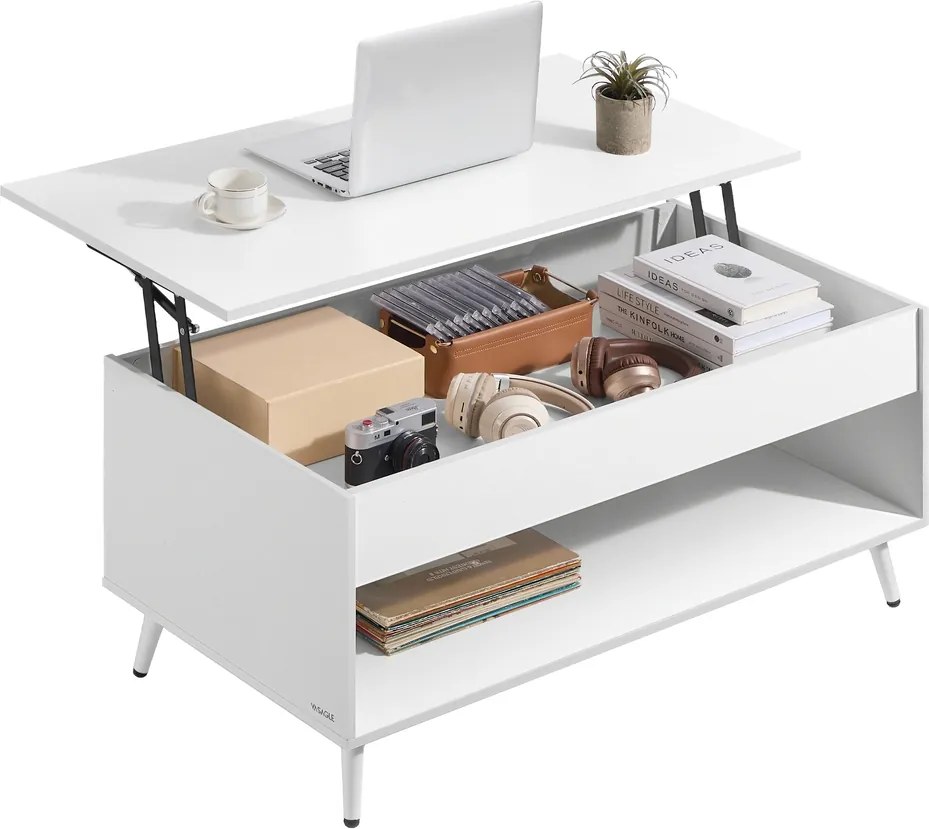 Mesa de centro 50 x 100 x 45/58,5 cm com tampo ajustável e compartimento oculto, branca