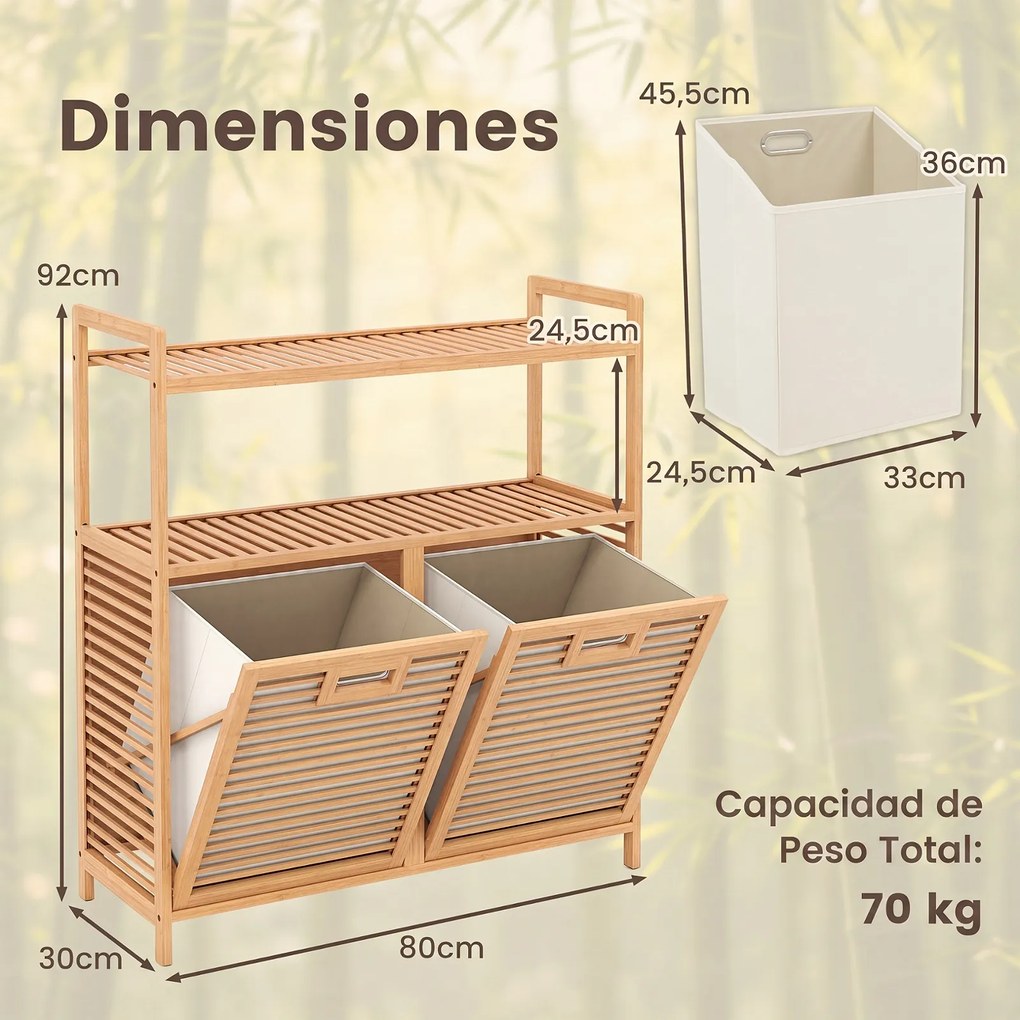 Móvel para Roupa Suja, 80 x 30 x 92 cm, 2 Compartimentos e Estante Superior, Natural