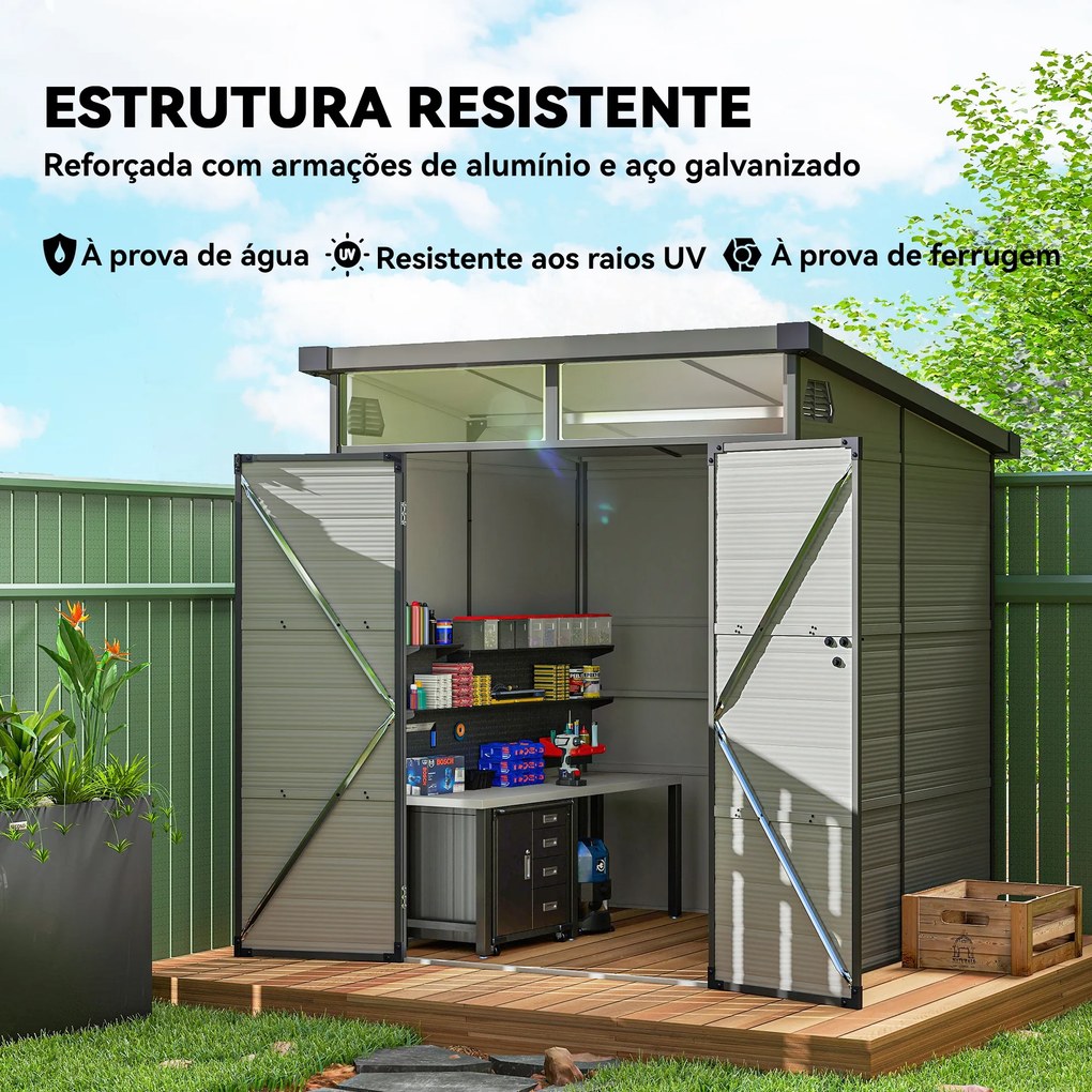 Abrigo de Jardim 3,24 m² 190x191x215 cm com Porta de Correr e Trinco Janela e Ventilação para Armazenamento de Ferramentas Cinza Claro