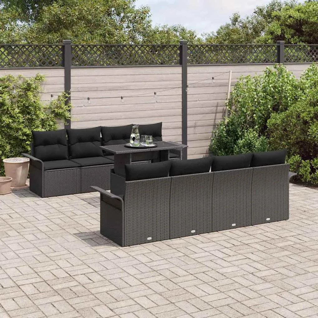 vidaXL Conjunto de Sofás de Jardim 9 Peças com Almofadas Pretas em Rattan Sintético
