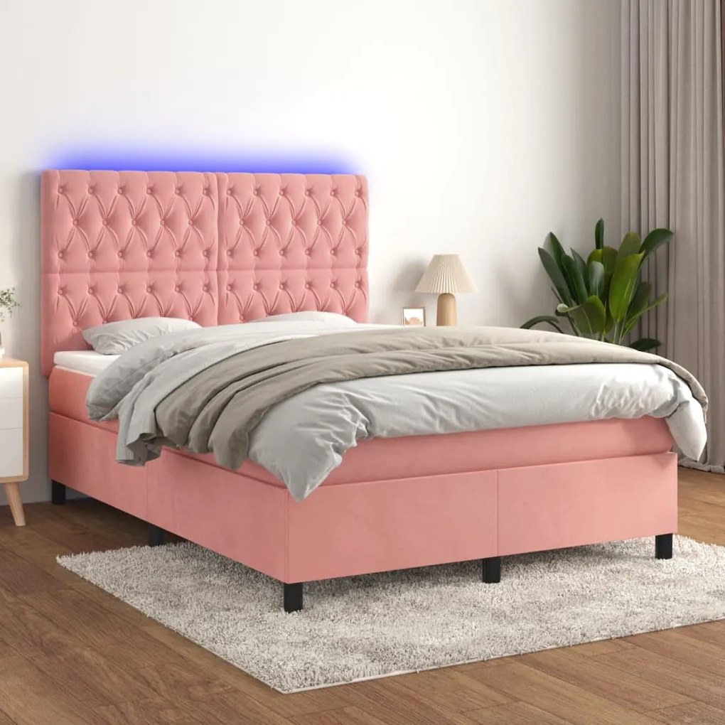 Cama box spring c/ colchão/LED 140x190 cm veludo rosa