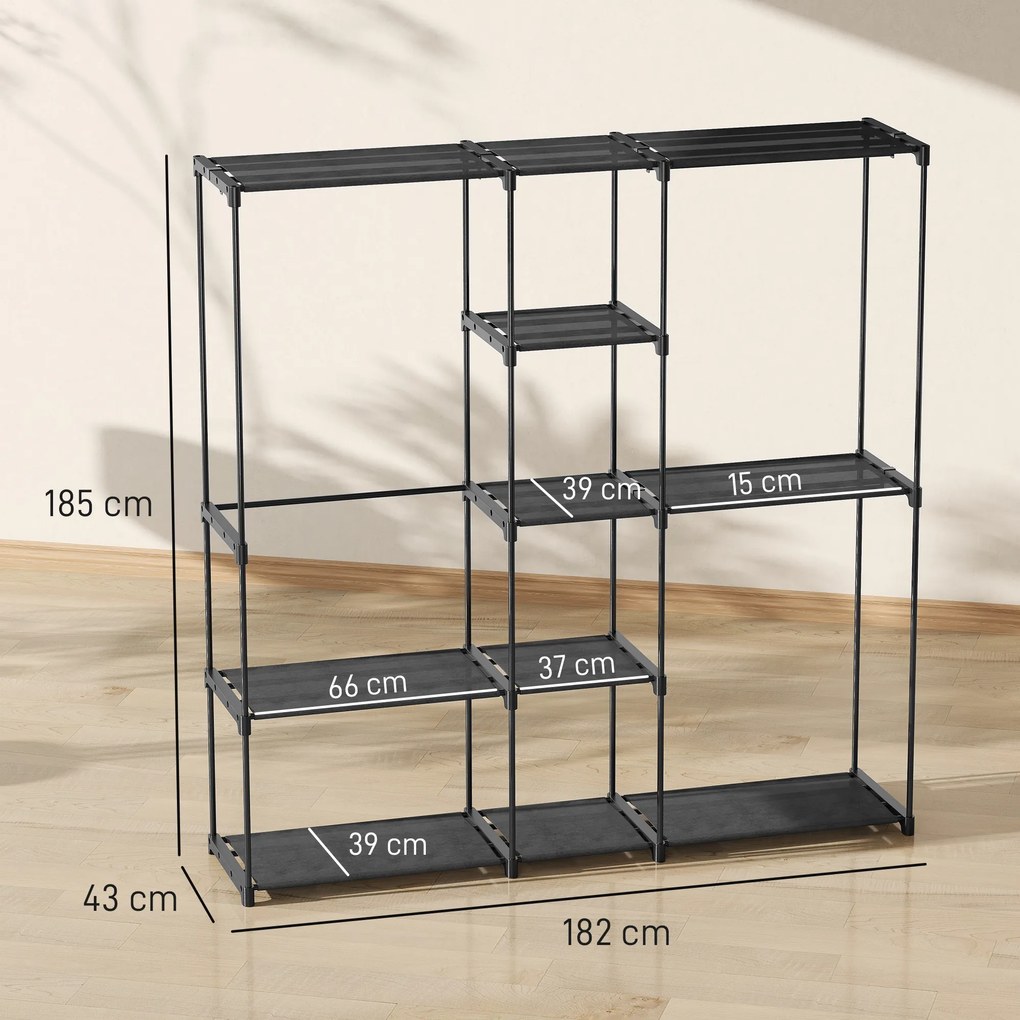 Guarda roupa aberto em tecido com barra para pendurar roupa e prateleiras, 182 x 43 x 185 cm, preto