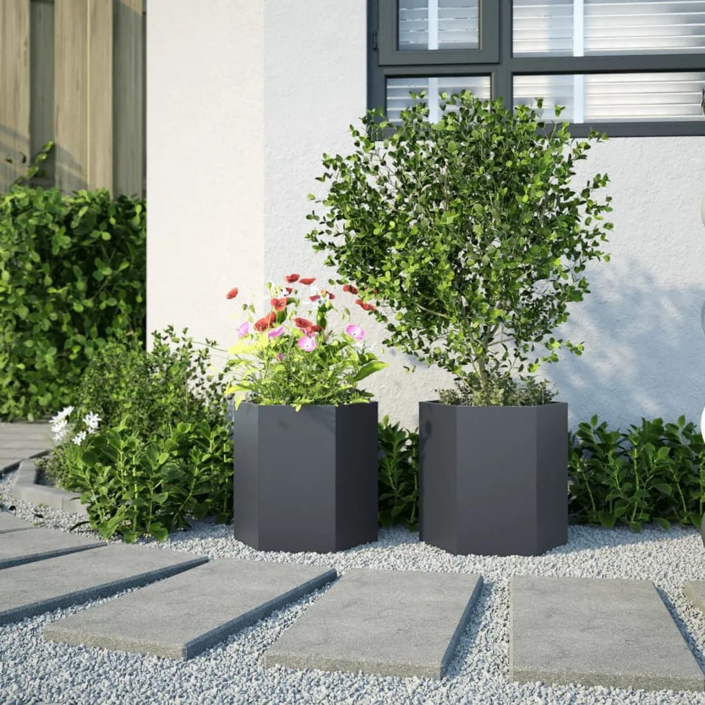 Vasos floreiras jardim 2 pcs hexagonal 46x40x45cm aço antracite