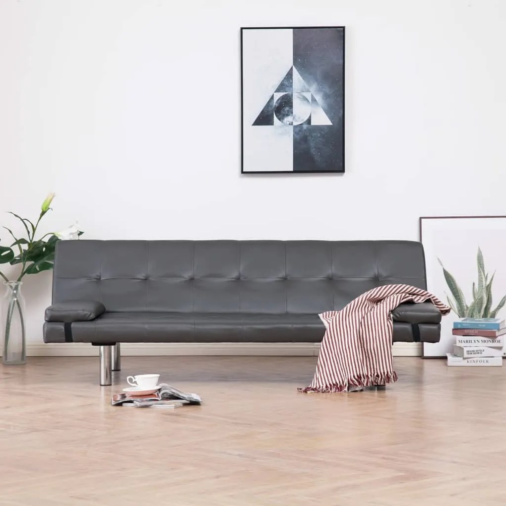282181 vidaXL Sofá-cama com 2 almofadas couro artificial cinzento