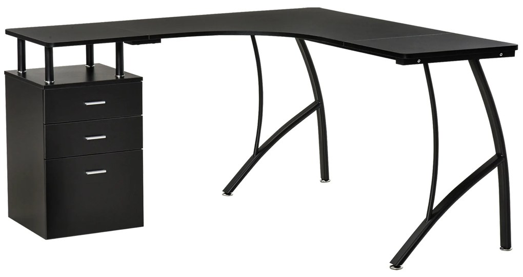 HOMCOM Secretária de Canto para Computador Mesa em Formato de L com 3 Gavetas  143,5x143,5x76cm Preto