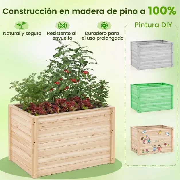 Floreira de madeira elevada com base aberta para plantas de raiz profunda Frutos Flores 100 x 64 x 65,5 cm Natural