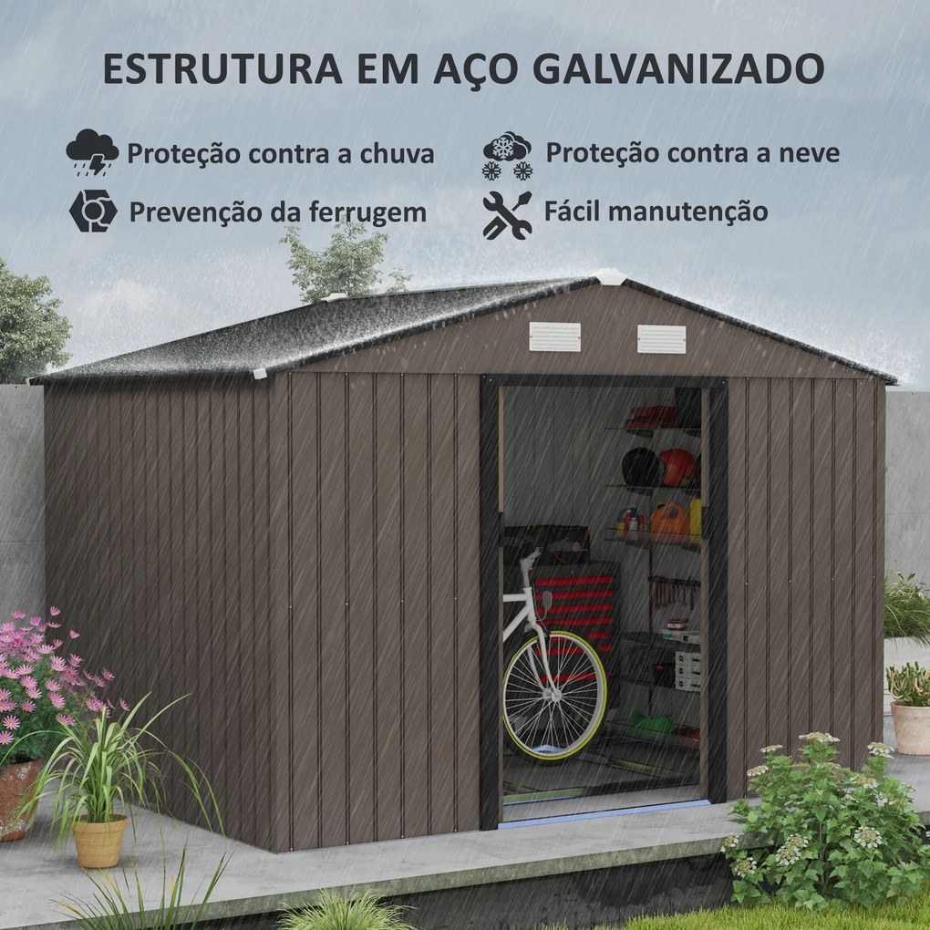 Abrigo de Jardim 277x195x192 cm Metálico para Armazenamento de Ferramentas com Base de Reforço Incluída Cor Efeito madeira