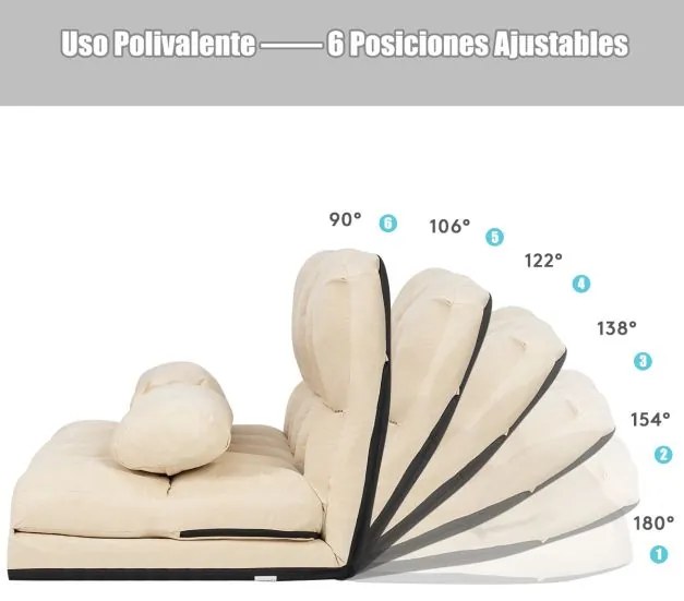 Sofá de chão ajustável Sofá-cama dobrável em 6 posições Revestimento removível em camurça com 2 almofada Bege