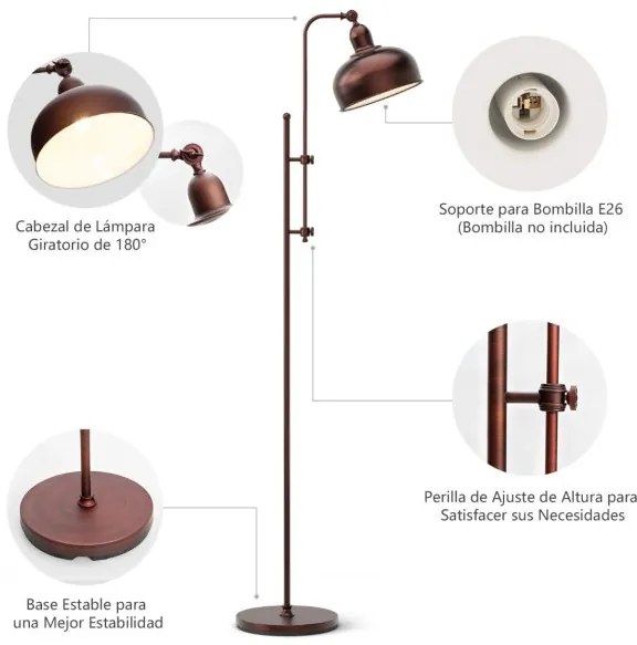 Candeeiro de pé industrial com altura ajustável 28 x 43 x 138-166 cm, com ângulo regulável, base pesada, casquilho E27, bronze