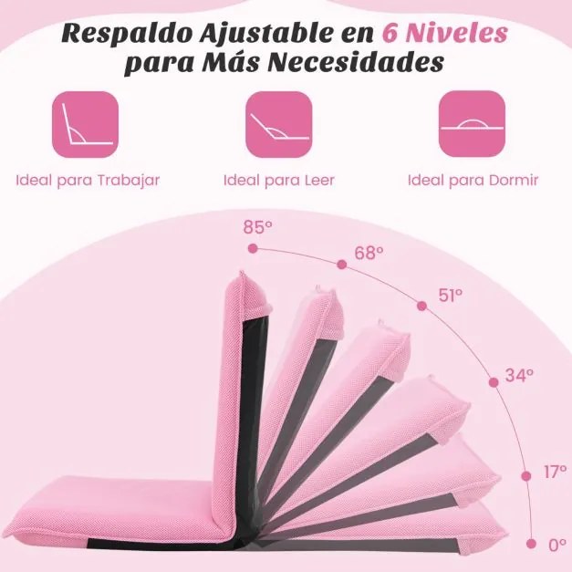 Cadeira Chão reclinável com estofos ajustáveis com apoio para as costas Ideal para leitura Meditação 98 x 47 x 7,5 cm Rosa