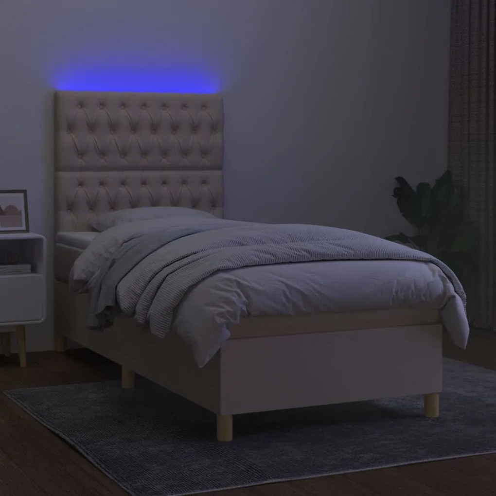 Cama box spring c/ colchão e LED 90x190 cm tecido cor creme