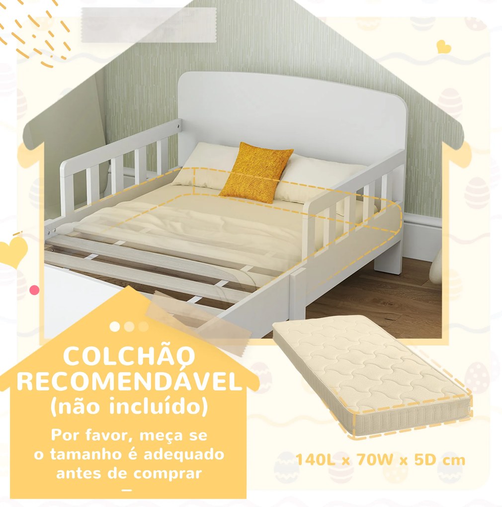 Cama para Crianças 70x140 cm Cama Infantil com Barreira Anticaídas e Estrado para Meninos e Meninas de 3-8 Anos branca