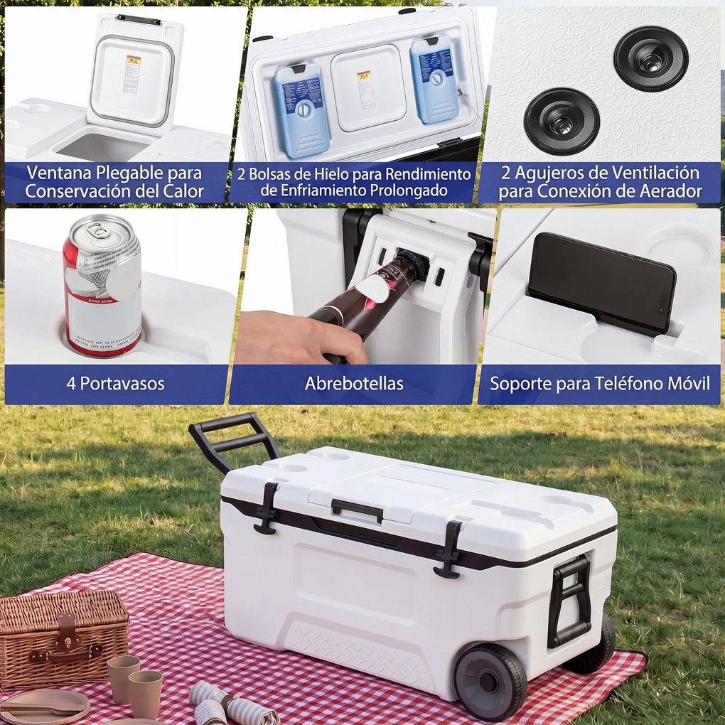 Geleira Portátil com Rodas, 82,5 x 43 x 41,5 cm, Capacidade de 70 L, Branco