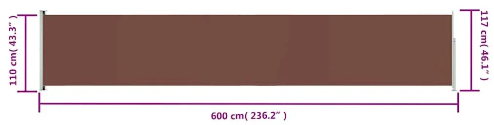 Toldo lateral retrátil para pátio 117x600 cm castanho