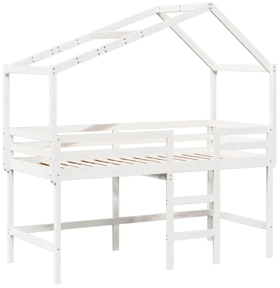 Cama alta c/ escada e telhado 90x200 cm pinho maciço branco