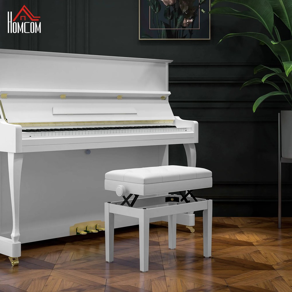 Banco de piano 55 x 33 x 48-58 cm ajustável em altura em madeira maciça, compartimento de arrumação,, branco