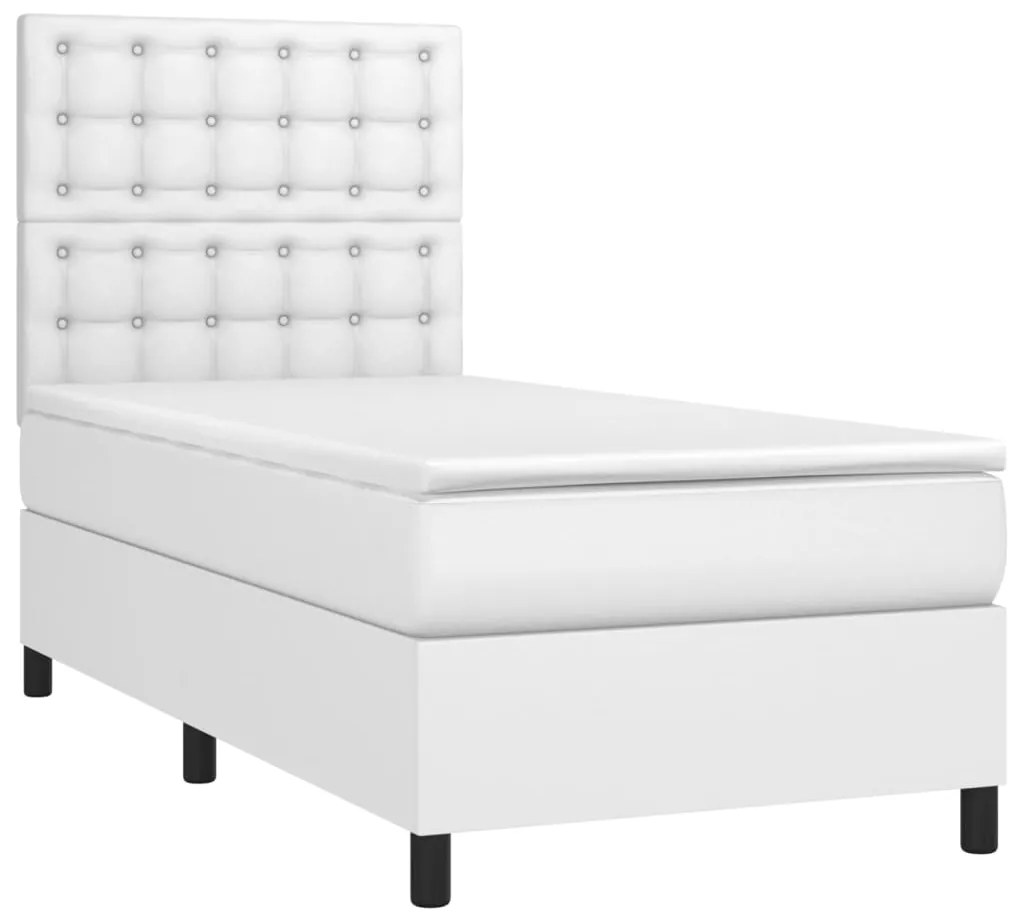 Cama box spring c/colchão/LED 100x200cm couro artificial branco