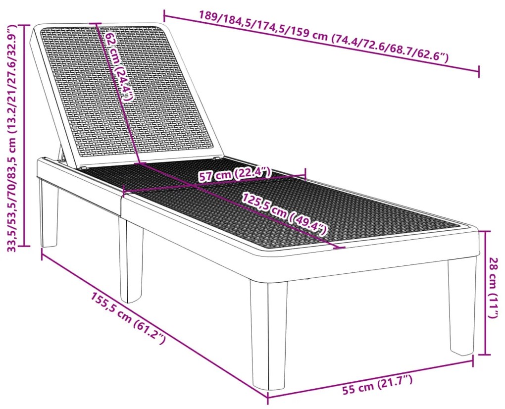 Espreguiçadeira 159x57x83,5 cm polipropileno preto