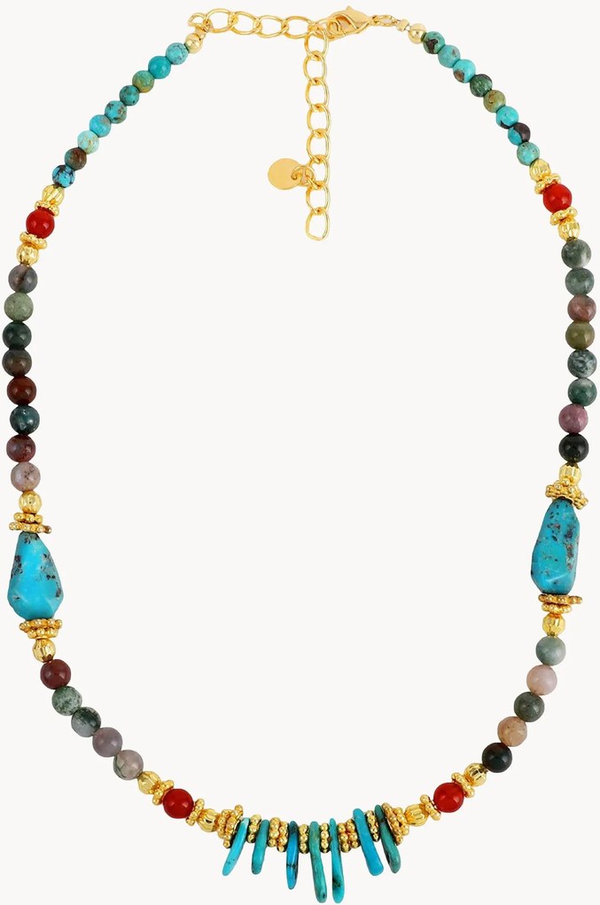 Colar banhado a ouro com turquesa, ónix vermelho e ágata verde Neo