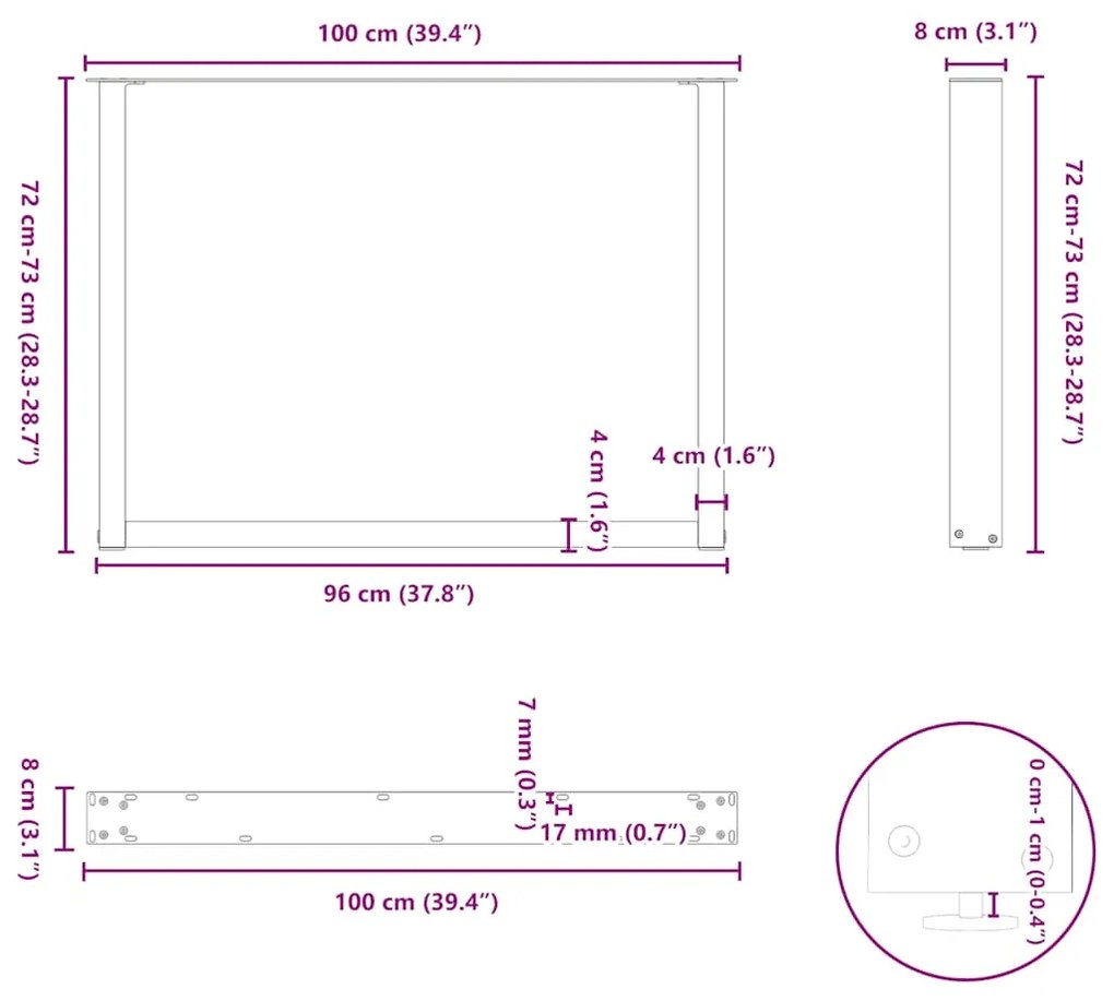 Pés para mesa de jantar em formato de U, 2 peças, preto, 100x(72-73) c
