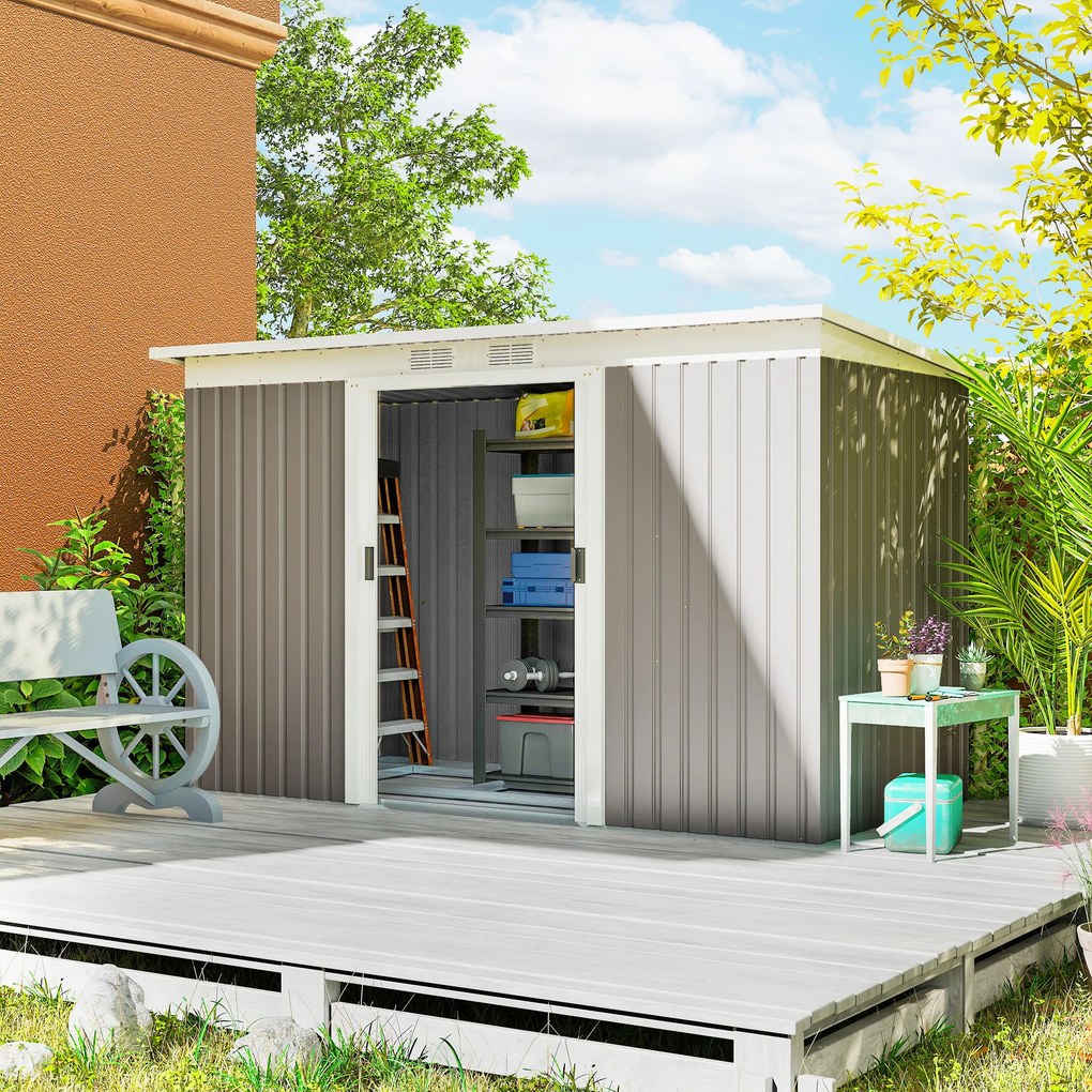 Abrigo de Jardim 280x130x172 cm Abrigo de Exterior de Aço Galvanizado com Porta Corredeira e Ventilações Cinza