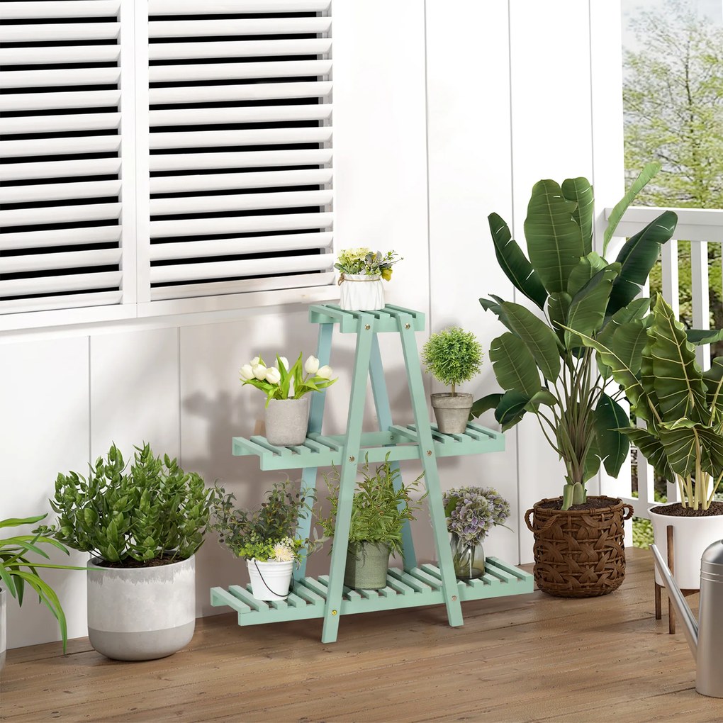 Outsunny Suporte de Madeira para Plantas Suporte para Flores de 3 Níveis Prateleira Decorativa de Plantas para Interior Exterior 46x26x76cm Verde