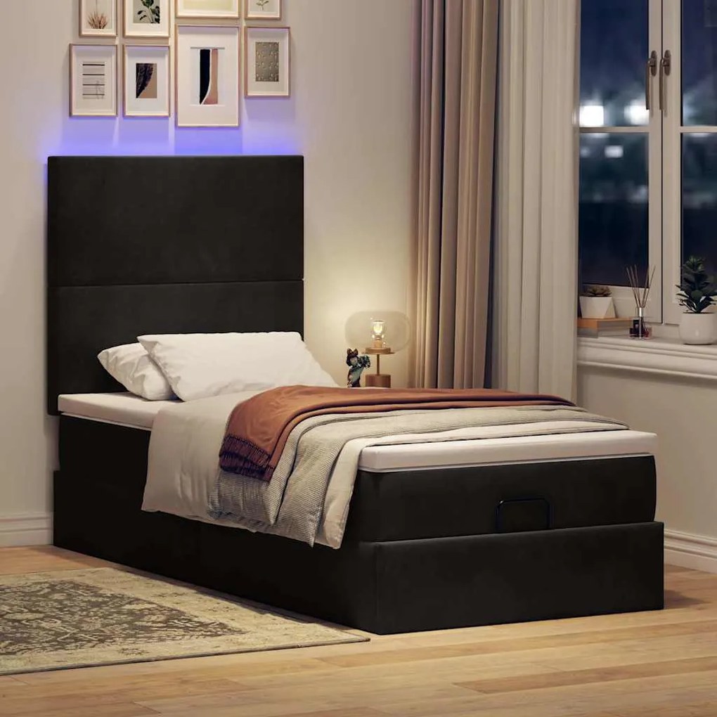 Estrutura de cama otomana com colchões preto 80x200cm veludo