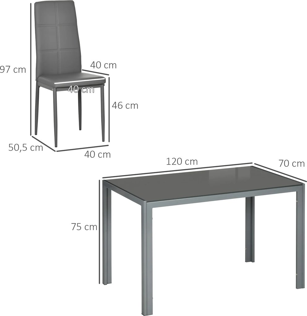 Conjunto de mesa de jantar com 4 cadeiras, mesa de cozinha com cadeiras em couro sintético, 120 x 70 x 75 cm, cinzento