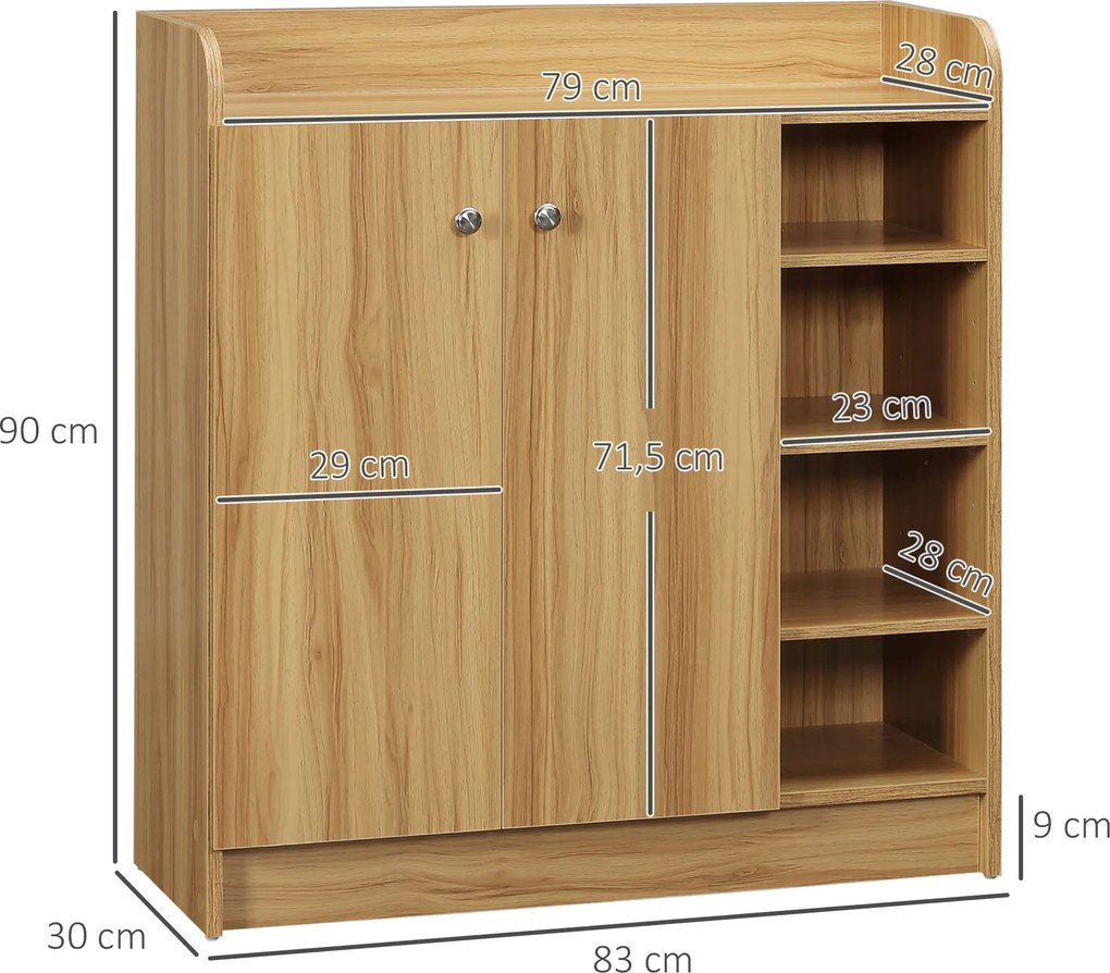 Sapateira para arrumação de sapatos para a entrada 83 C x 30 L x 90 A cm, com 4 compartimentos abertos e armário de duas portas castanho