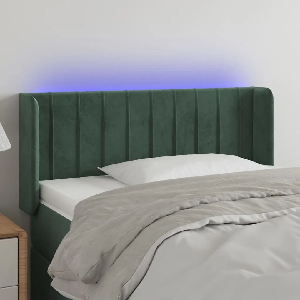 Cabeceira cama c/ luzes LED veludo 93x16x78/88 cm verde-escuro