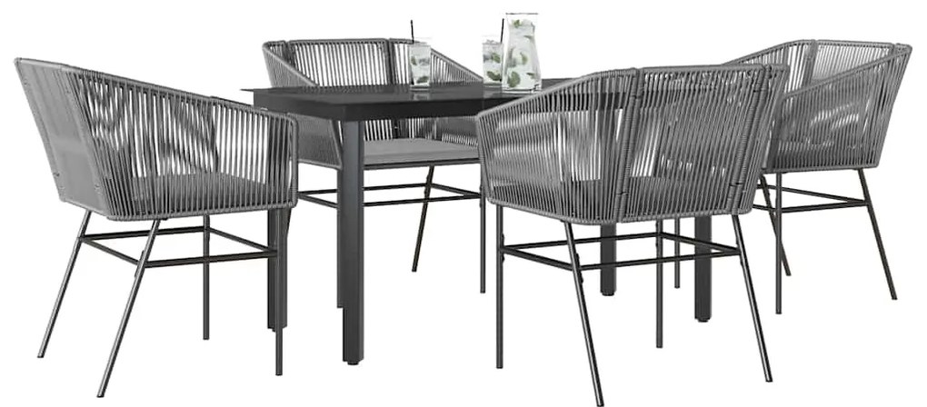 Conjunto jantar jardim 5 peças almofadas vidro vime cinzento PE